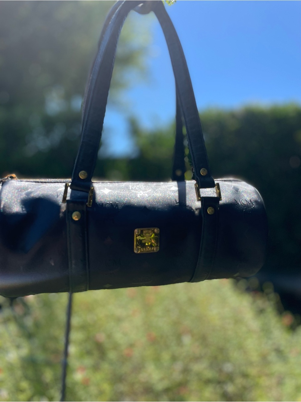 Vintage MCM München Black Visetos Barrel Bag Boston Satchel Gold Hardware